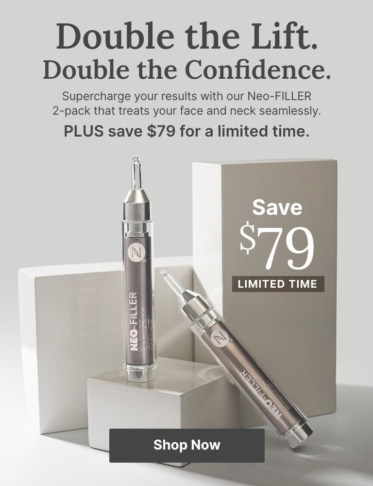 Two Neo-FILLER tubes displayed on white blocks with text reading, “Double the Lift. Double the Confidence.” It highlights a 2-pack with a limited-time $51 savings offer and a “Shop Now” button.